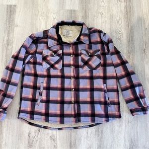 NWOT Purple Plaid Button Down Shacket Fuzzy Coat
